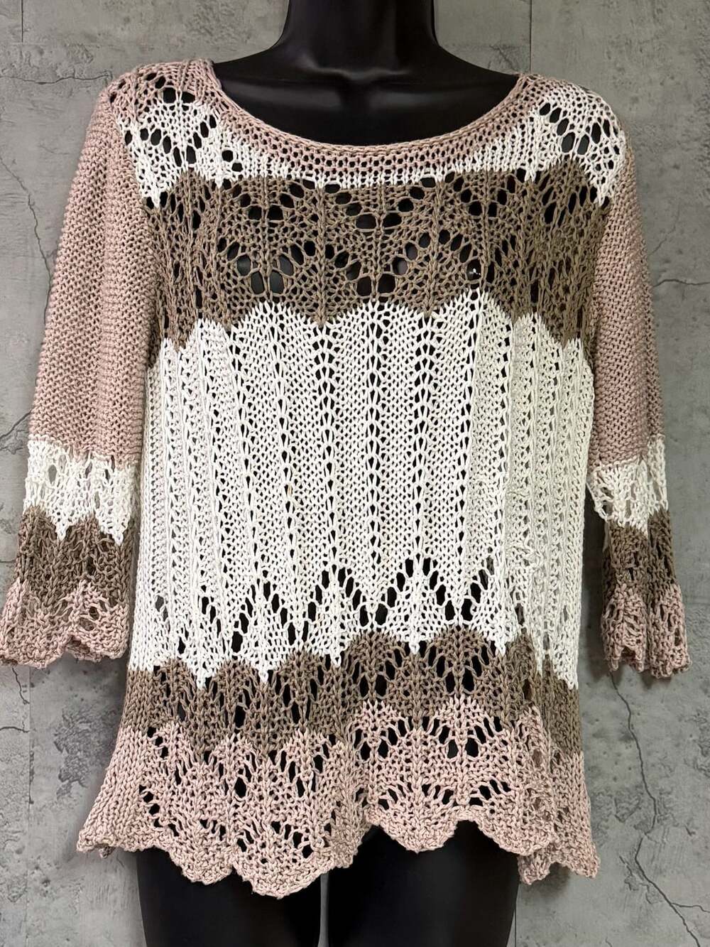 Woolnet Open Knit Striped Sweater Scalloped Hem Made In Greece